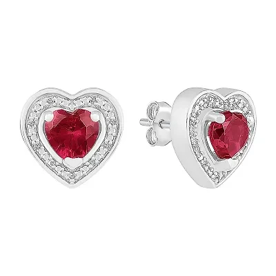 Diamond Accent Lab Created Red Ruby Sterling Silver 11mm Heart Stud Earrings