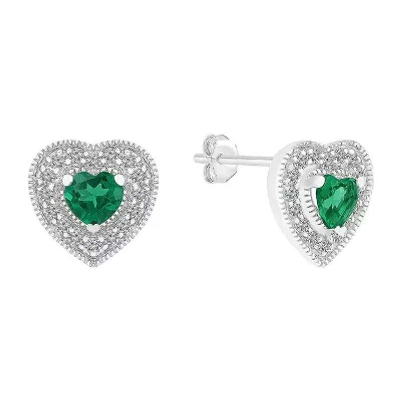 Lab Created Green Emerald Sterling Silver 9.5mm Heart Stud Earrings