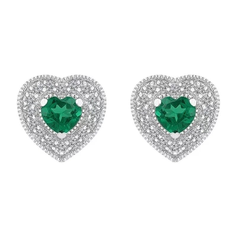Lab Created Green Emerald Sterling Silver 9.5mm Heart Stud Earrings