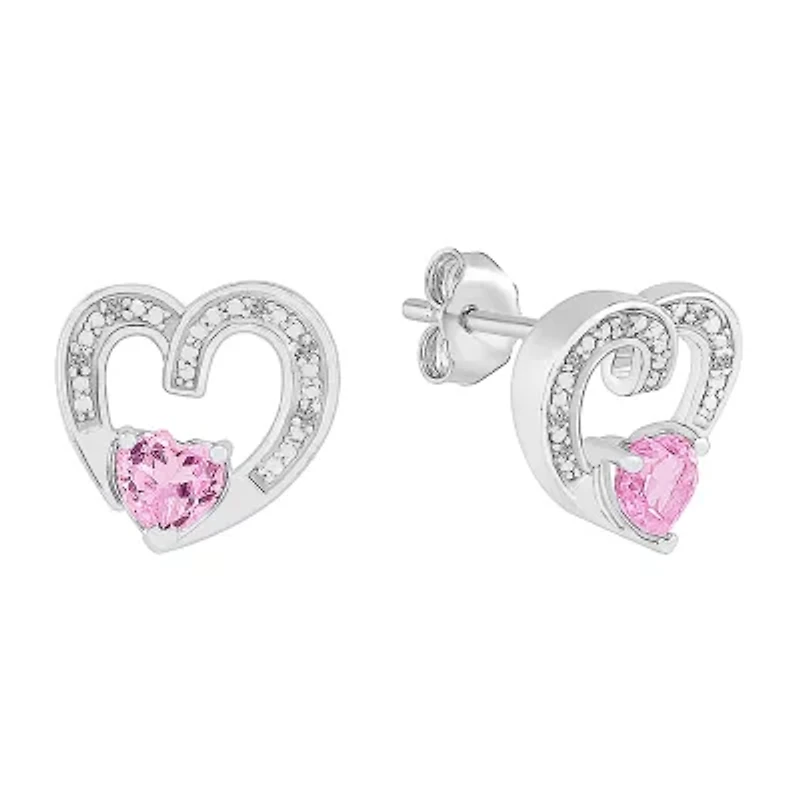 Diamond Accent Lab Created Pink Sapphire Sterling Silver 11mm Heart Stud Earrings