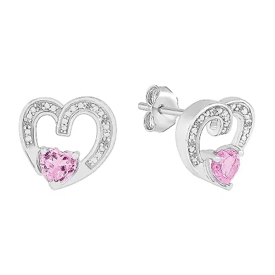 Diamond Accent Lab Created Pink Sapphire Sterling Silver 11mm Heart Stud Earrings