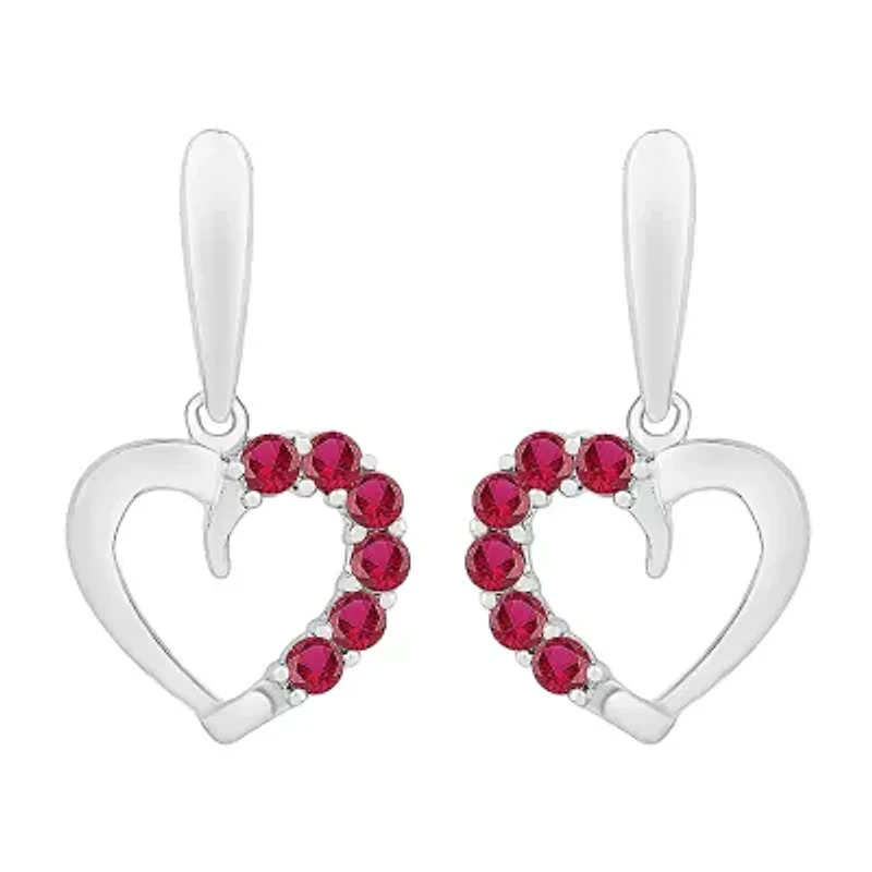 Womens Lab Created Red Ruby Sterling Silver Heart Drop Earrings