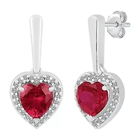 Womens Lab Created Red Ruby Sterling Silver Heart Drop Earrings