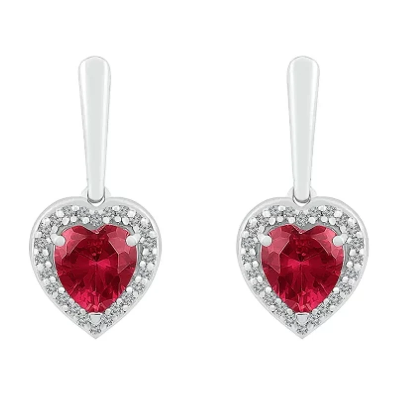 Womens Lab Created Red Ruby Sterling Silver Heart Drop Earrings