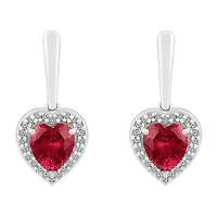 Womens Lab Created Red Ruby Sterling Silver Heart Drop Earrings