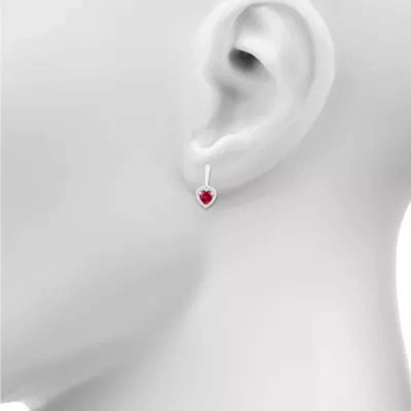 Womens Lab Created Red Ruby Sterling Silver Heart Drop Earrings