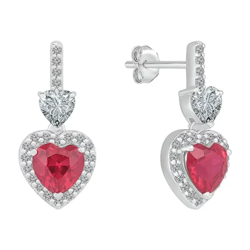 Womens Lab Created Red Ruby Sterling Silver Heart Drop Earrings