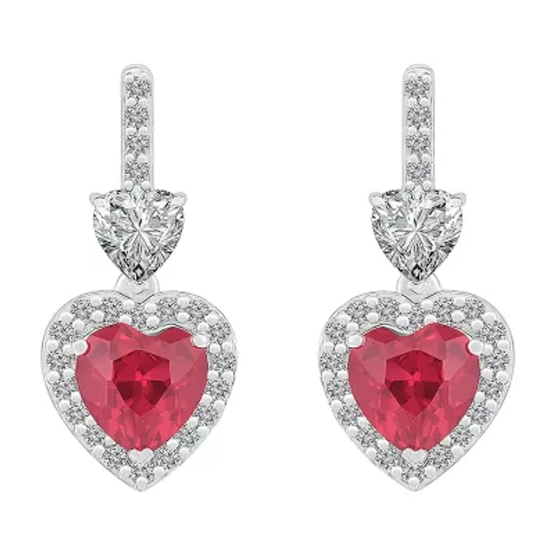 Womens Lab Created Red Ruby Sterling Silver Heart Drop Earrings