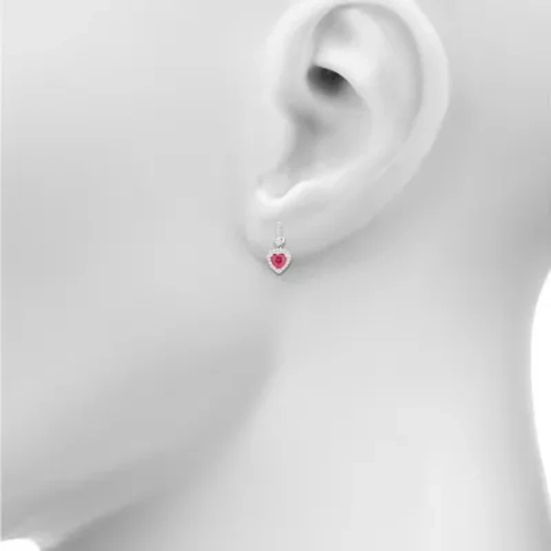 Womens Lab Created Red Ruby Sterling Silver Heart Drop Earrings