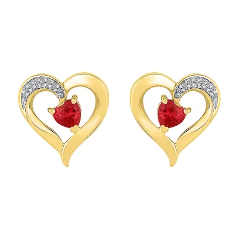 Diamond Accent Lab Created Red Ruby 10K Gold 13.5mm Heart Stud Earrings