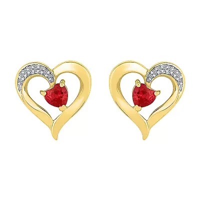 Diamond Accent Lab Created Red Ruby 10K Gold 13.5mm Heart Stud Earrings