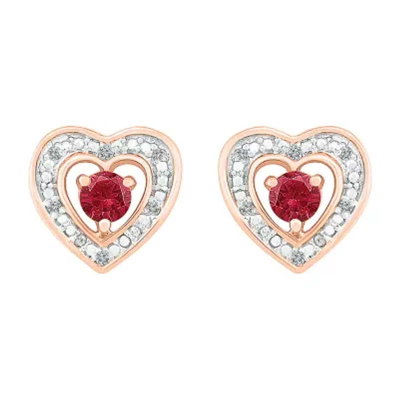 Diamond Accent Lab Created Red Ruby 10K Rose Gold 9mm Heart Stud Earrings
