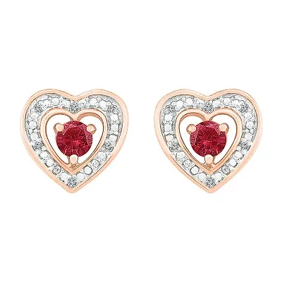 Diamond Accent Lab Created Red Ruby 10K Rose Gold 9mm Heart Stud Earrings