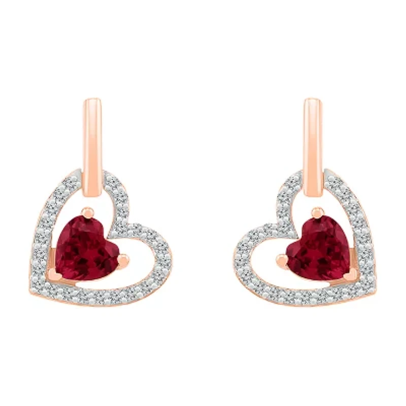 Womens Lab Created Red Ruby 10K Rose Gold Heart Drop Earrings