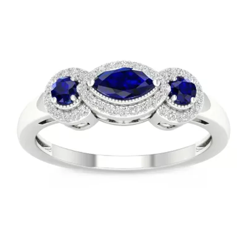 Womens 1/8 CT. T.W. Genuine Blue Sapphire 10K Gold Halo 3-Stone Cocktail Ring