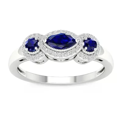 Womens 1/8 CT. T.W. Genuine Blue Sapphire 10K Gold Halo 3-Stone Cocktail Ring