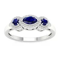 Womens 1/8 CT. T.W. Genuine Blue Sapphire 10K Gold Halo 3-Stone Cocktail Ring