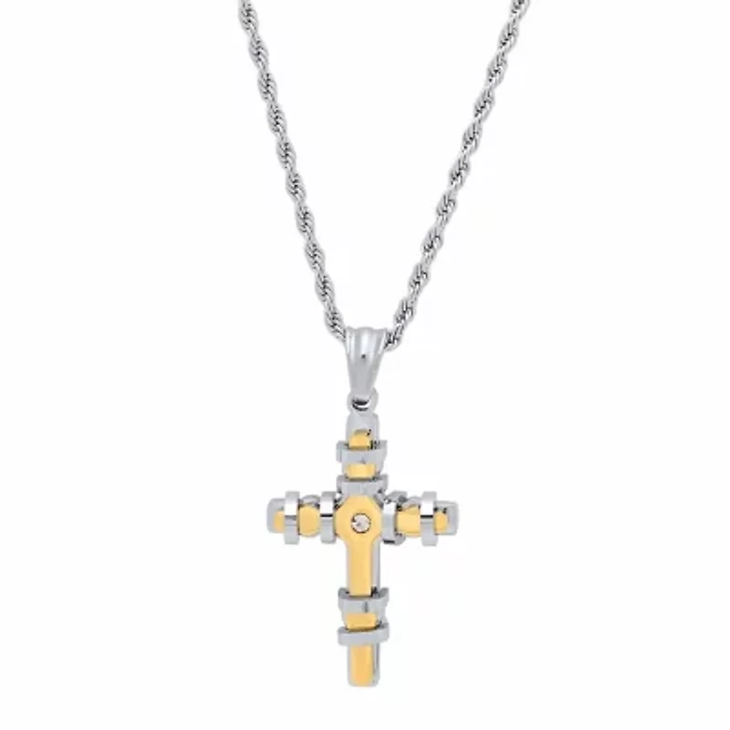 Steeltime Mens 2 1/4 CT. T.W. White Cubic Zirconia 18K Gold Over Stainless Steel Cross 18 Inch Pendant Necklace