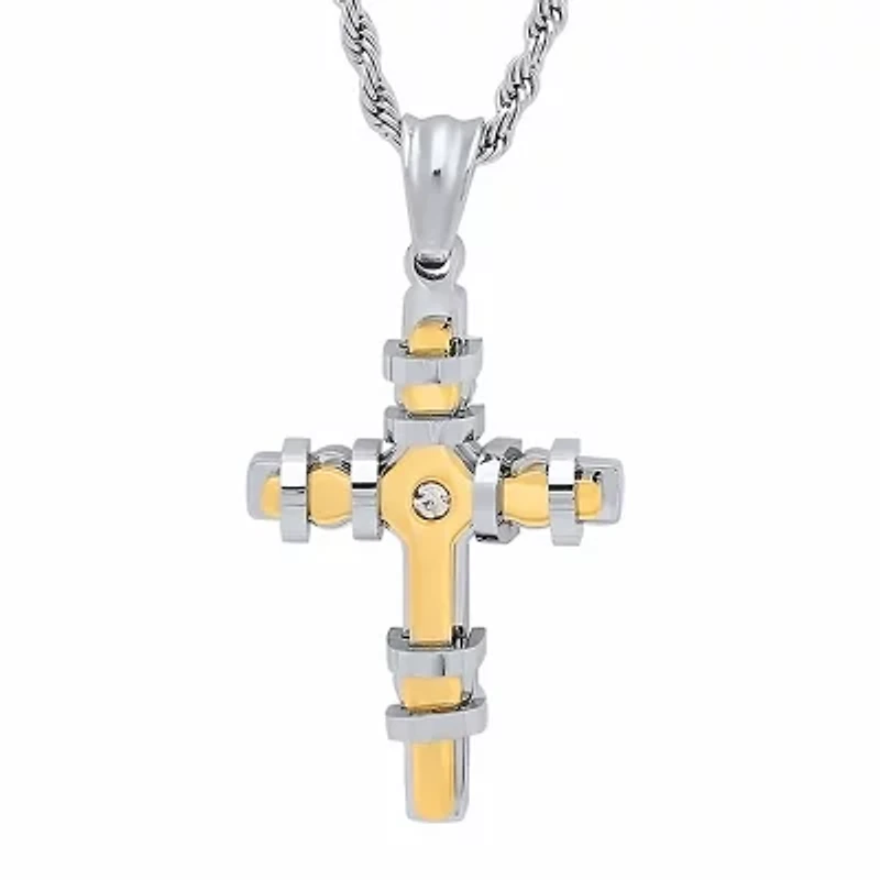 Steeltime Mens 2 1/4 CT. T.W. White Cubic Zirconia 18K Gold Over Stainless Steel Cross 18 Inch Pendant Necklace