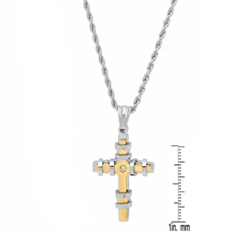 Steeltime Mens 2 1/4 CT. T.W. White Cubic Zirconia 18K Gold Over Stainless Steel Cross 18 Inch Pendant Necklace