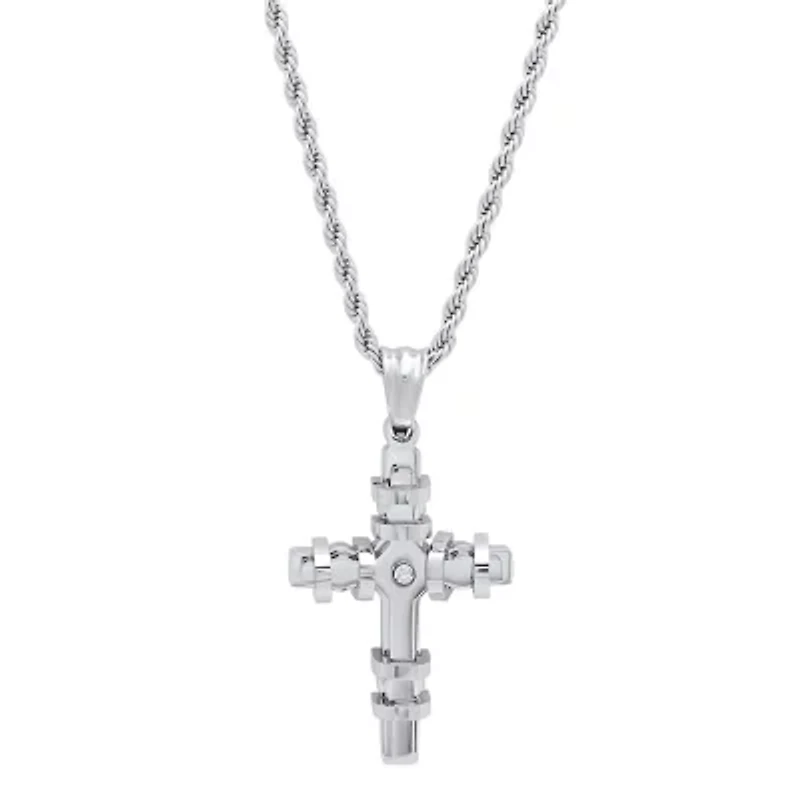 Steeltime Mens 2 1/4 CT. T.W. White Cubic Zirconia Stainless Steel Cross 24 Inch Pendant Necklace