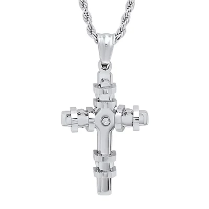 Steeltime Mens 2 1/4 CT. T.W. White Cubic Zirconia Stainless Steel Cross 24 Inch Pendant Necklace