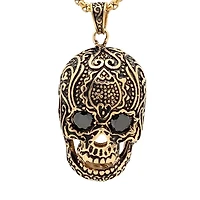 Steeltime Mens 3 1/2 CT. T.W Simulated Black Cubic Zirconia 18K Gold Over Stainless Steel Skull Hypoallergenic 30 Inch Pendant Necklace