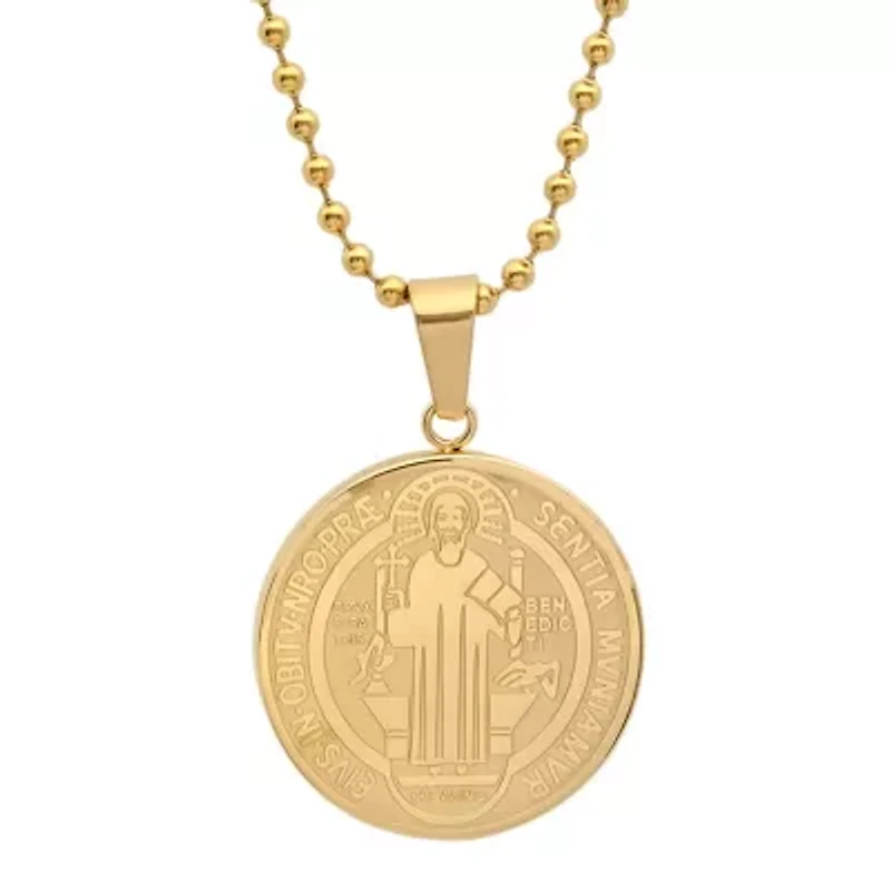 Steeltime Saint Benedict Medal Mens 18K Gold Over Stainless Steel Round 24 Inch Pendant Necklace