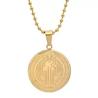 Steeltime Saint Benedict Medal Mens 18K Gold Over Stainless Steel Round 24 Inch Pendant Necklace