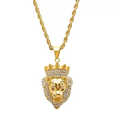 Steeltime Mens 1/2 CT. T.W. Simulated White Cubic Zirconia 18K Gold Over Stainless Steel Crown Hypoallergenic 30 Inch Pendant Necklace