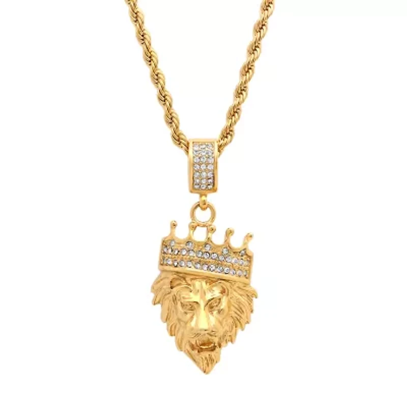 Steeltime Lion Head Mens 1/2 CT. T.W. White Cubic Zirconia 18K Gold Over Stainless Steel Crown Hypoallergenic 30 Inch Pendant Necklace