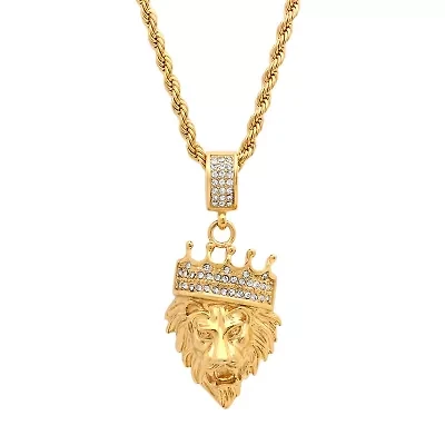 Steeltime Lion Head Mens 1/2 CT. T.W. White Cubic Zirconia 18K Gold Over Stainless Steel Crown Hypoallergenic 30 Inch Pendant Necklace