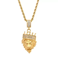 Steeltime Lion Head Mens 1/2 CT. T.W. White Cubic Zirconia 18K Gold Over Stainless Steel Crown Hypoallergenic 30 Inch Pendant Necklace