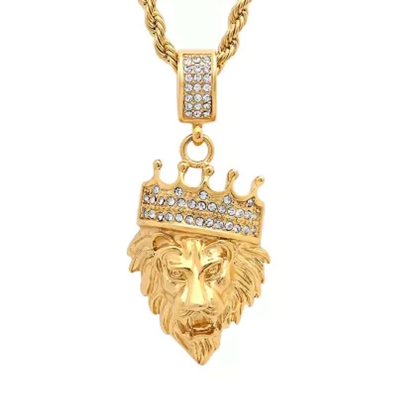 Steeltime Lion Head Mens 1/2 CT. T.W. White Cubic Zirconia 18K Gold Over Stainless Steel Crown Hypoallergenic 30 Inch Pendant Necklace