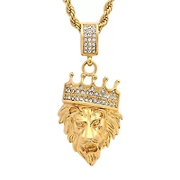 Steeltime Lion Head Mens 1/2 CT. T.W. White Cubic Zirconia 18K Gold Over Stainless Steel Crown Hypoallergenic 30 Inch Pendant Necklace