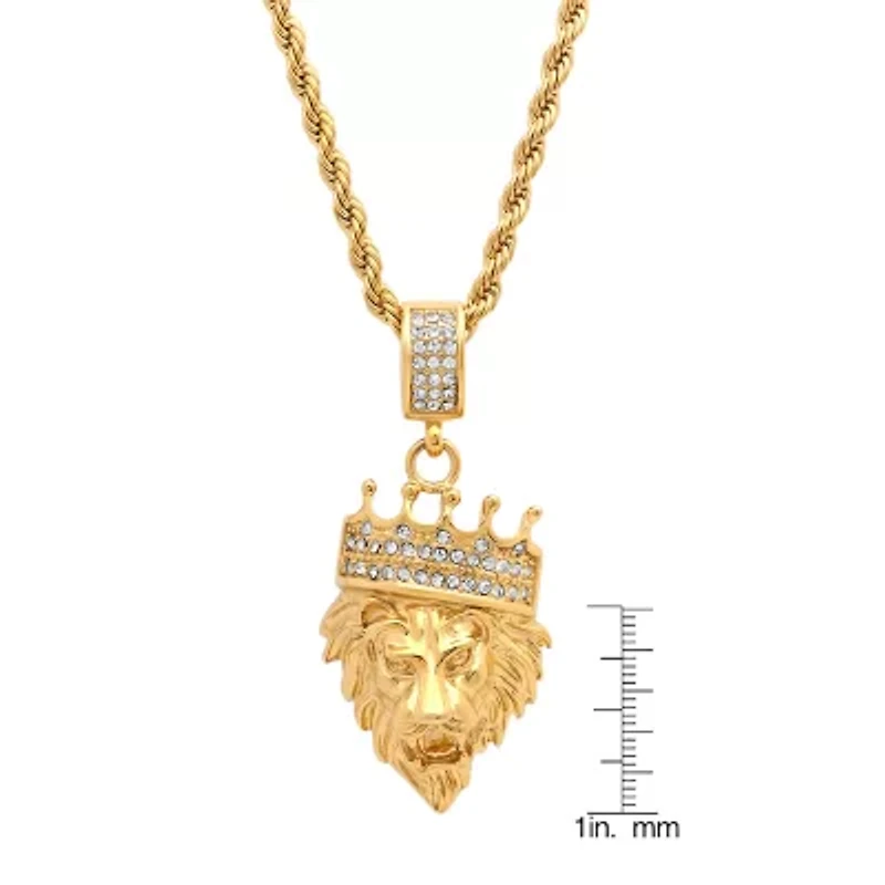Steeltime Lion Head Mens 1/2 CT. T.W. White Cubic Zirconia 18K Gold Over Stainless Steel Crown Hypoallergenic 30 Inch Pendant Necklace