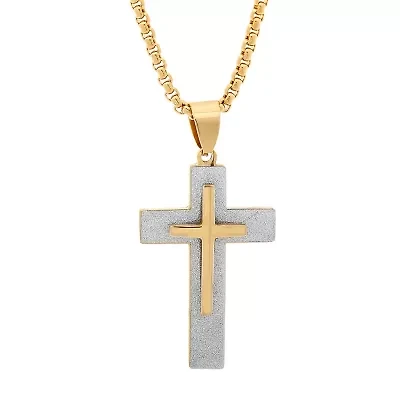 Steeltime Mens 18K Gold Over Stainless Steel Cross 24 Inch Pendant Necklace