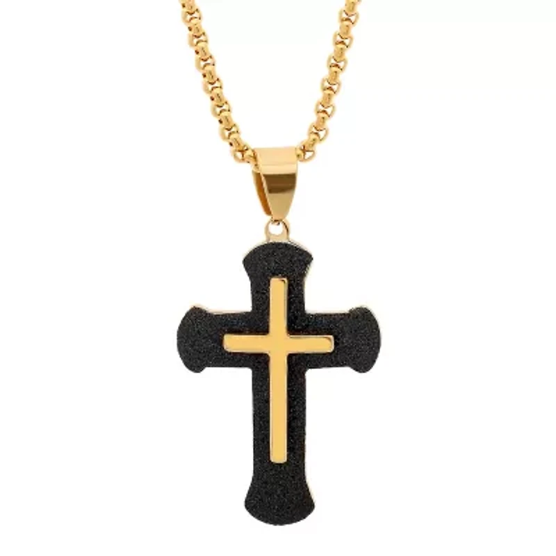Steeltime Mens 18K Gold Over Stainless Steel Cross 24 Inch Pendant Necklace