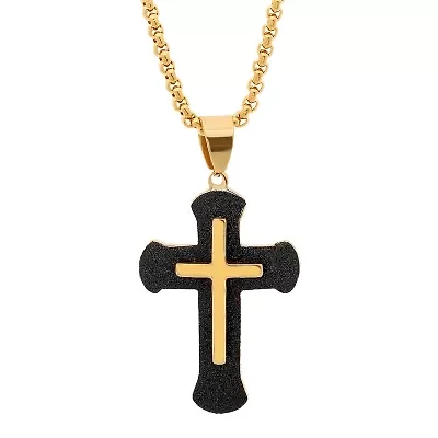 Steeltime Mens 18K Gold Over Stainless Steel Cross 24 Inch Pendant Necklace