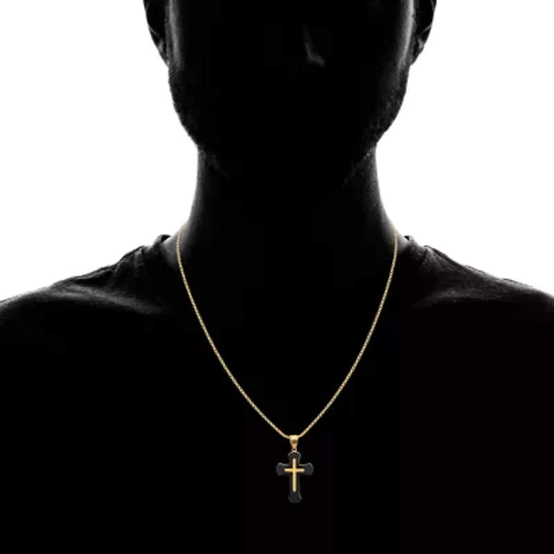Steeltime Mens 18K Gold Over Stainless Steel Cross 24 Inch Pendant Necklace
