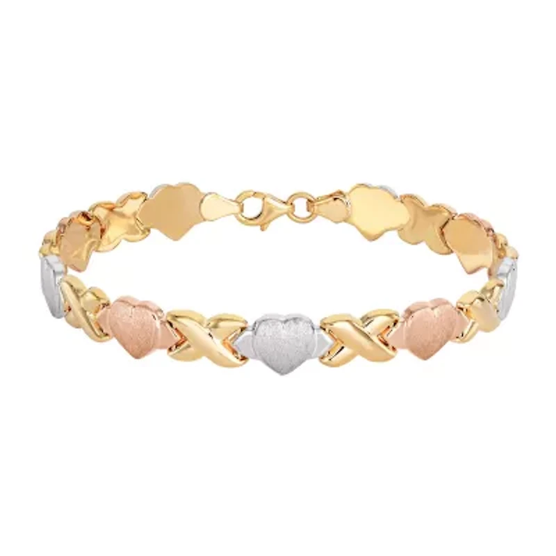 Womens 14K Tri-Color Gold Over Silver Heart 7.5 Inch Link Bracelet