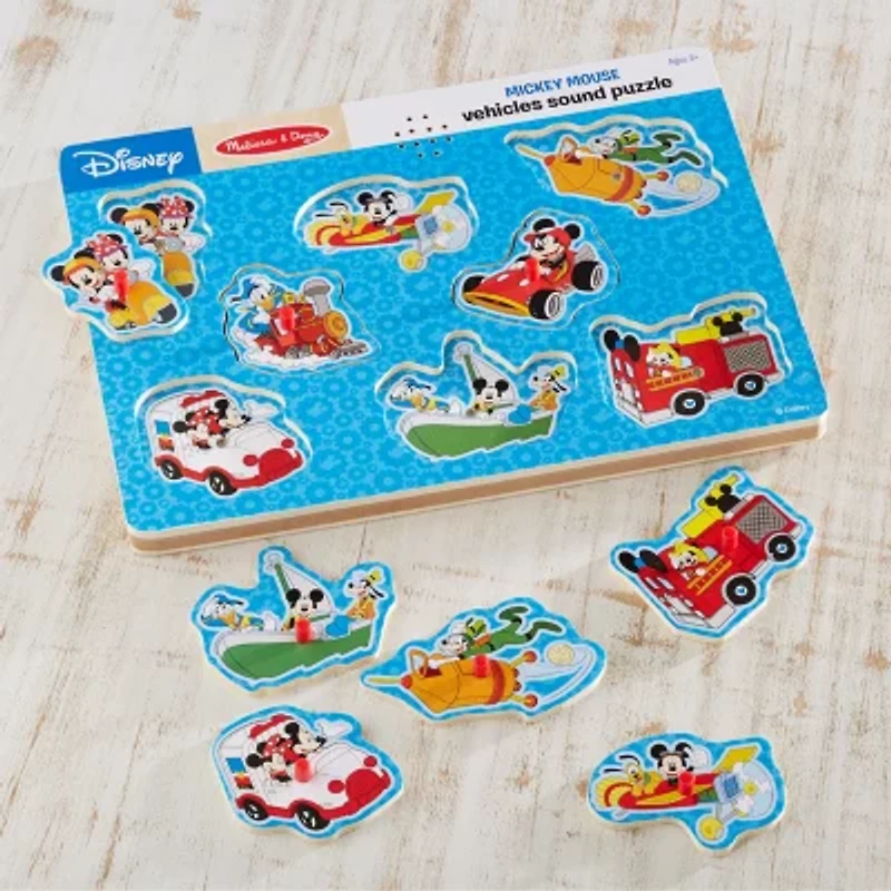 Melissa & Doug Mickey Mouse & Friends Vehicles Wooden Sound Puzzle - 8 Pieces Interactive Toy