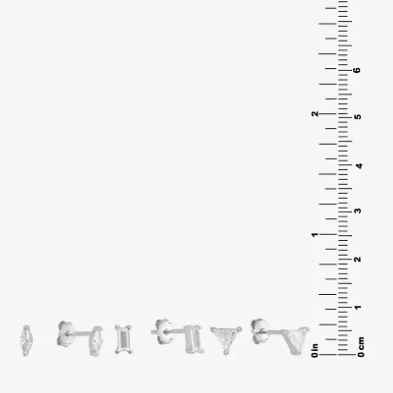 Silver Treasures Stud Womens Cubic Zirconia Sterling Silver Triangle 3 Pair Earring Set