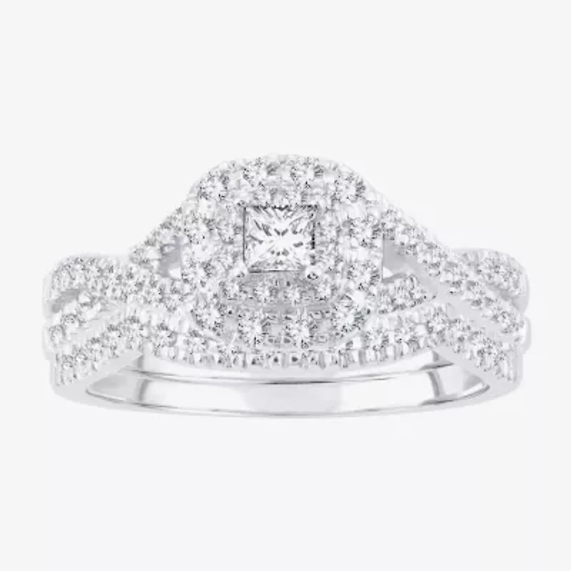 Womens 1/2 CT. T.W. Natural White Diamond 14K Gold Cushion Side Stone Halo Bridal Set