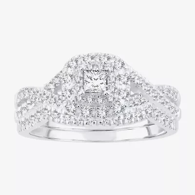 Womens 1/2 CT. T.W. Natural White Diamond 14K Gold Cushion Side Stone Halo Bridal Set