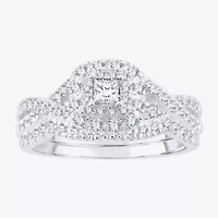 Womens 1/2 CT. T.W. Natural White Diamond 14K Gold Cushion Side Stone Halo Bridal Set