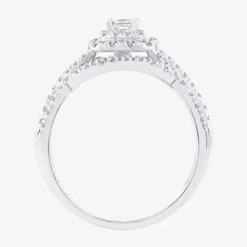Womens 1/2 CT. T.W. Natural White Diamond 14K Gold Cushion Side Stone Halo Bridal Set