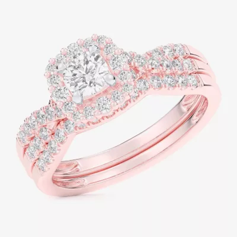 Signature By Modern Bride (G-H / Si1-Si2) Womens 7/8 CT. T.W. Lab Grown White Diamond 10K Gold Side Stone Halo Bridal Set