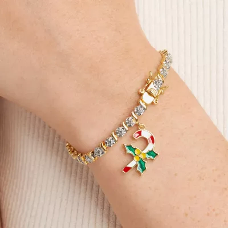 Sparkle Allure Candy Cane Charm Womens Natural White Diamond Accent 14K Gold Over Brass 7.25 Inch Tennis Bracelet