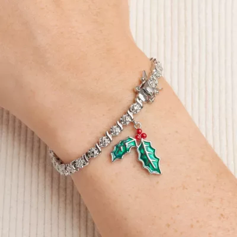 Sparkle Allure Mistletoe Charm Womens Natural White Diamond Accent Pure Silver Over Brass 7.25 Inch Tennis Bracelet